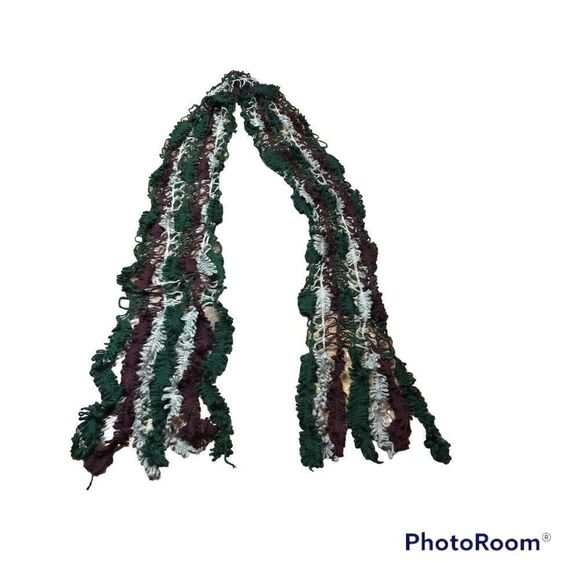 Scarf Open hand Knit crocheted Fringe Gray Green Burgundy Leaf Accent - Picture 1 of 3